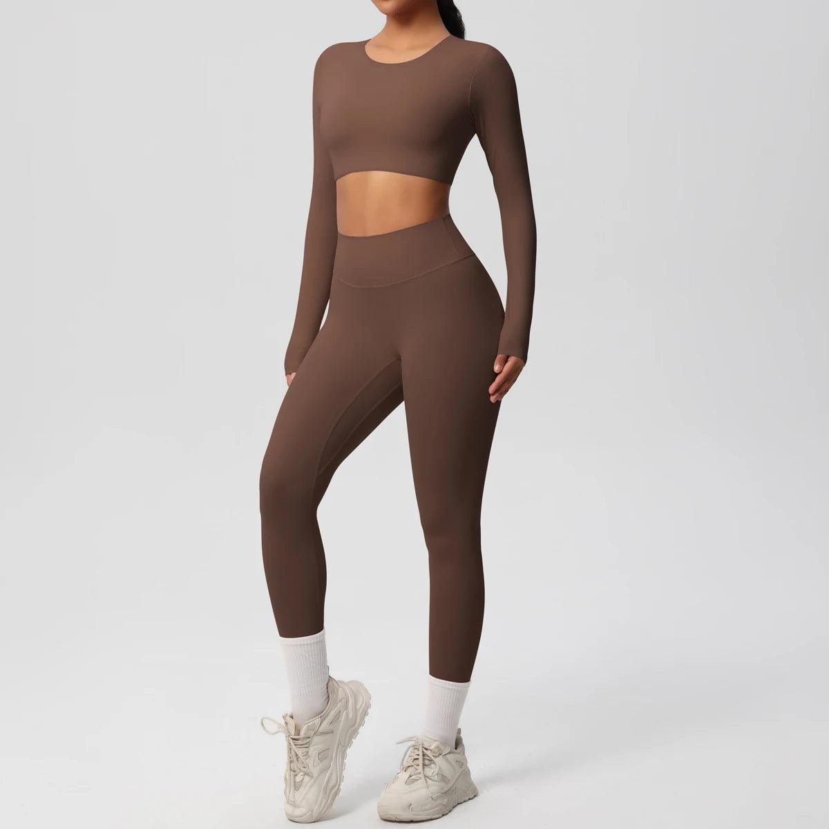 Conjunto Fitness Feminino Top Cropped Manga Longa e Calça Legging Cintura Alta Nuudi Store
