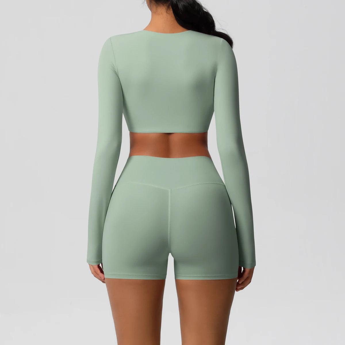 Conjunto Fitness Feminino Top Cropped Manga Longa e Shorts Cintura Alta Nuudi Store