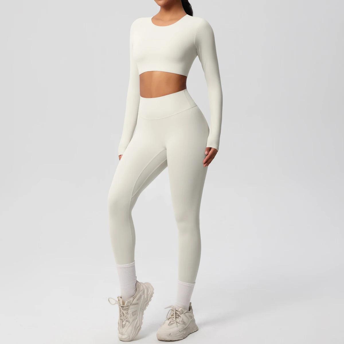 Conjunto Fitness Feminino Top Cropped Manga Longa e Calça Legging Cintura Alta Nuudi Store