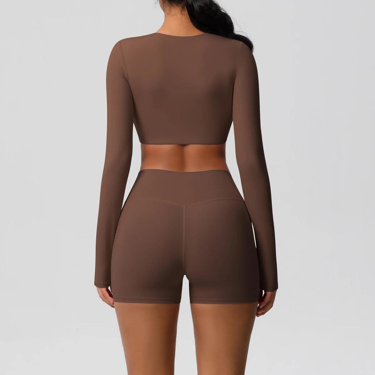 Conjunto Fitness Feminino Top Cropped Manga Longa e Shorts Cintura Alta Nuudi Store