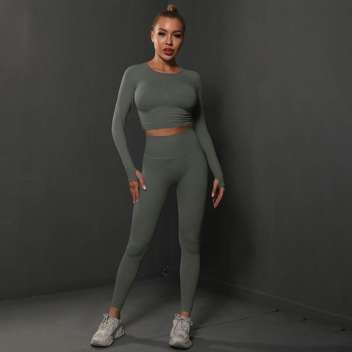 Conjunto Fitness Feminino Camiseta Manga Longa e Calça Legging Sem Costura Nuudi Store