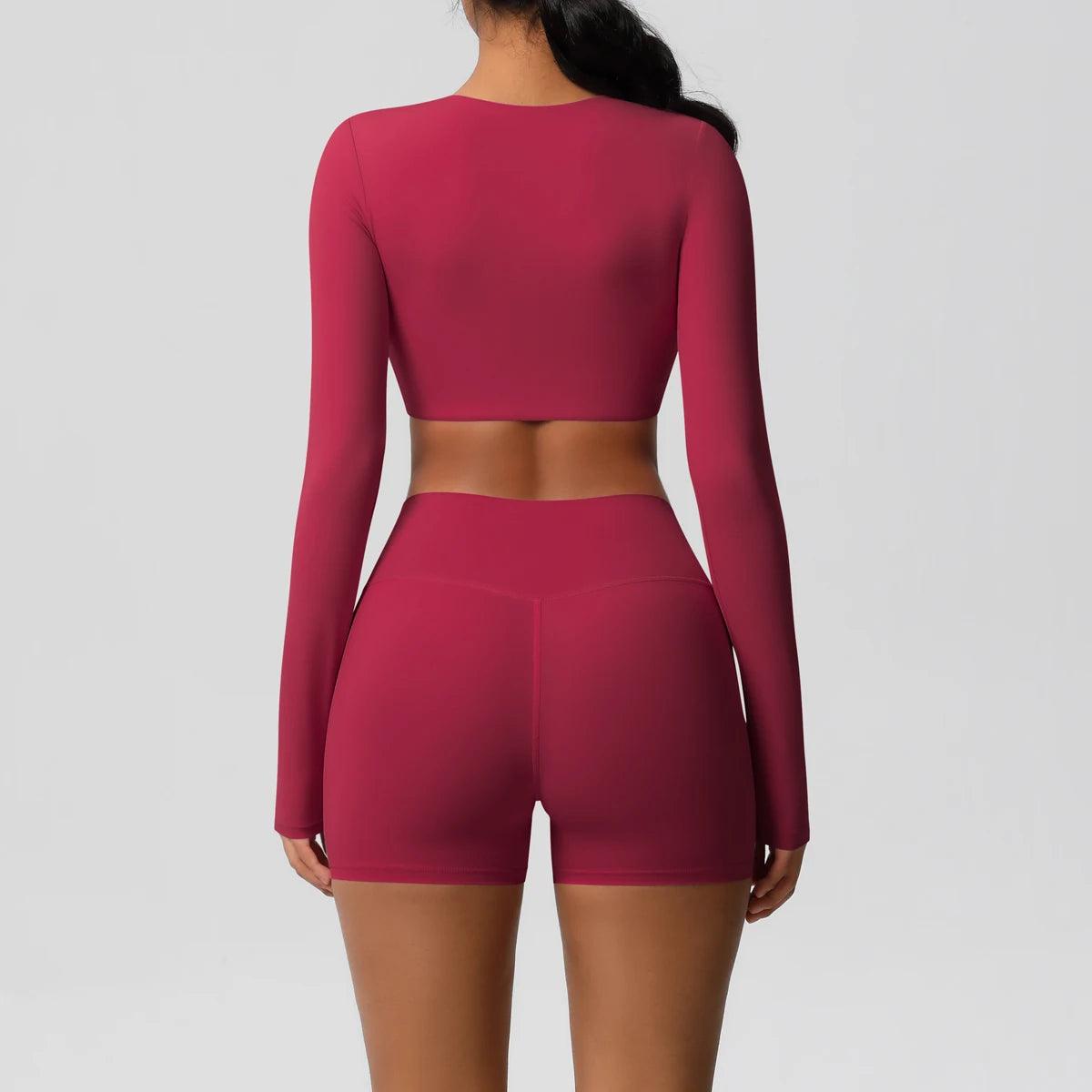 Conjunto Fitness Feminino Top Cropped Manga Longa e Shorts Cintura Alta Nuudi Store