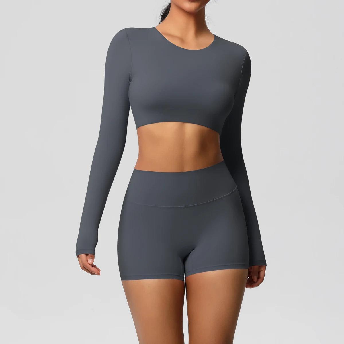 Conjunto Fitness Feminino Top Cropped Manga Longa e Shorts Cintura Alta Nuudi Store