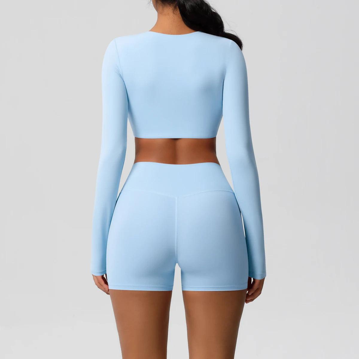 Conjunto Fitness Feminino Top Cropped Manga Longa e Shorts Cintura Alta Nuudi Store