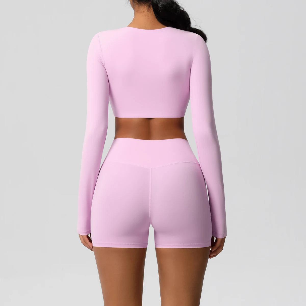 Conjunto Fitness Feminino Top Cropped Manga Longa e Shorts Cintura Alta Nuudi Store