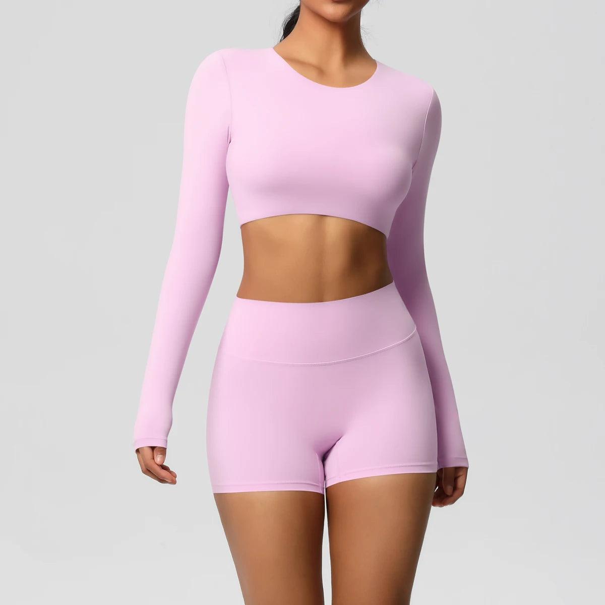 Conjunto Fitness Feminino Top Cropped Manga Longa e Shorts Cintura Alta Nuudi Store