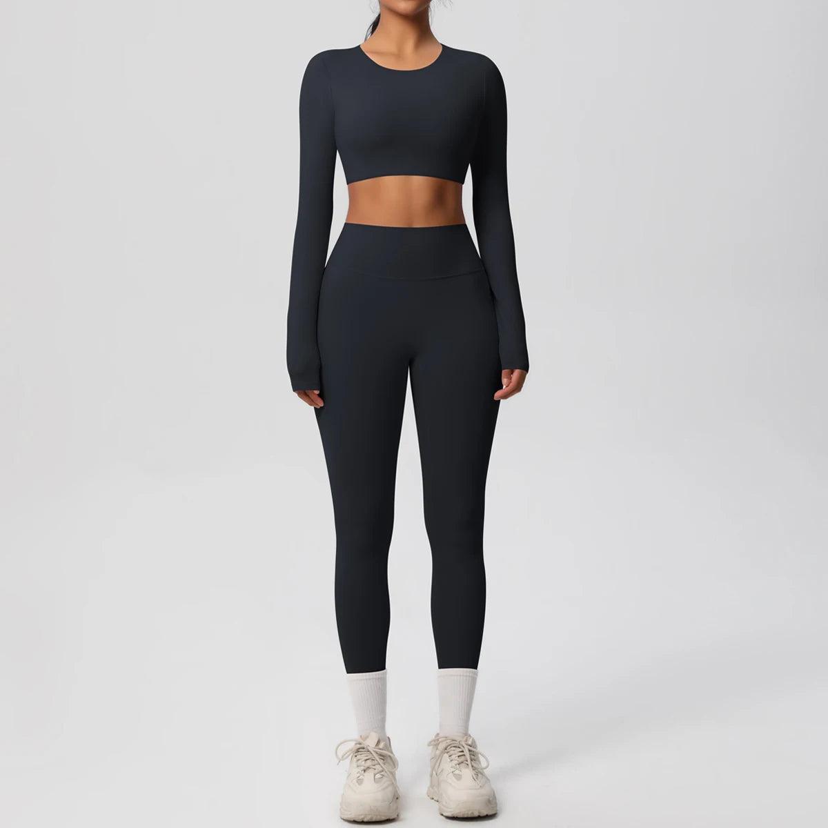 Conjunto Fitness Feminino Top Cropped Manga Longa e Calça Legging Cintura Alta Nuudi Store