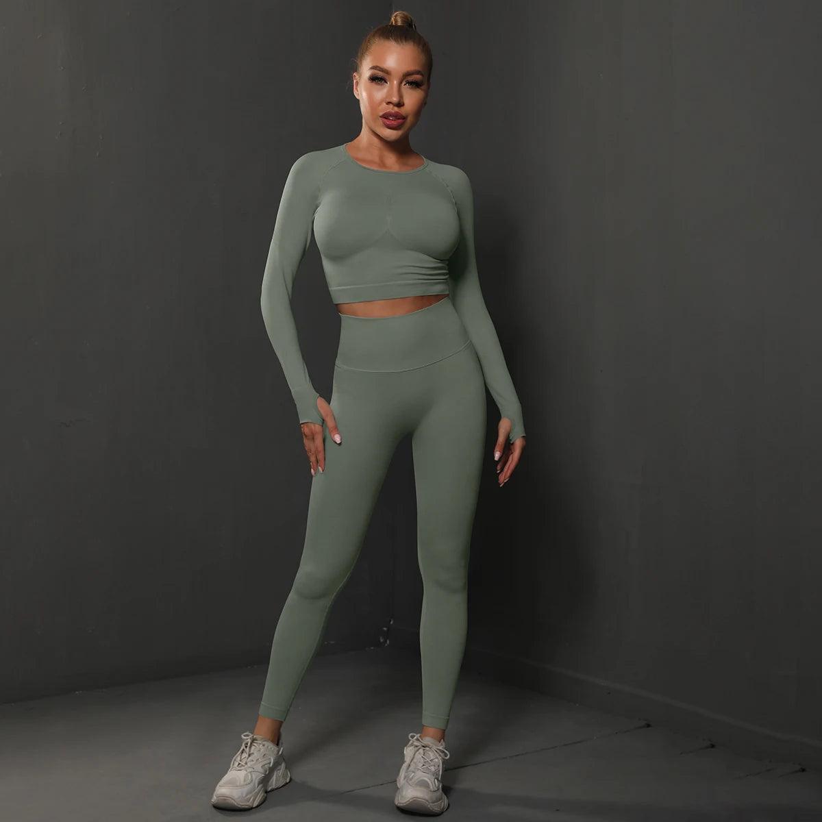 Conjunto Fitness Feminino Camiseta Manga Longa e Calça Legging Sem Costura Nuudi Store