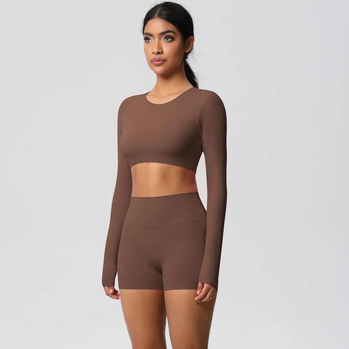 Conjunto Fitness Feminino Top Cropped Manga Longa e Shorts Cintura Alta Nuudi Store