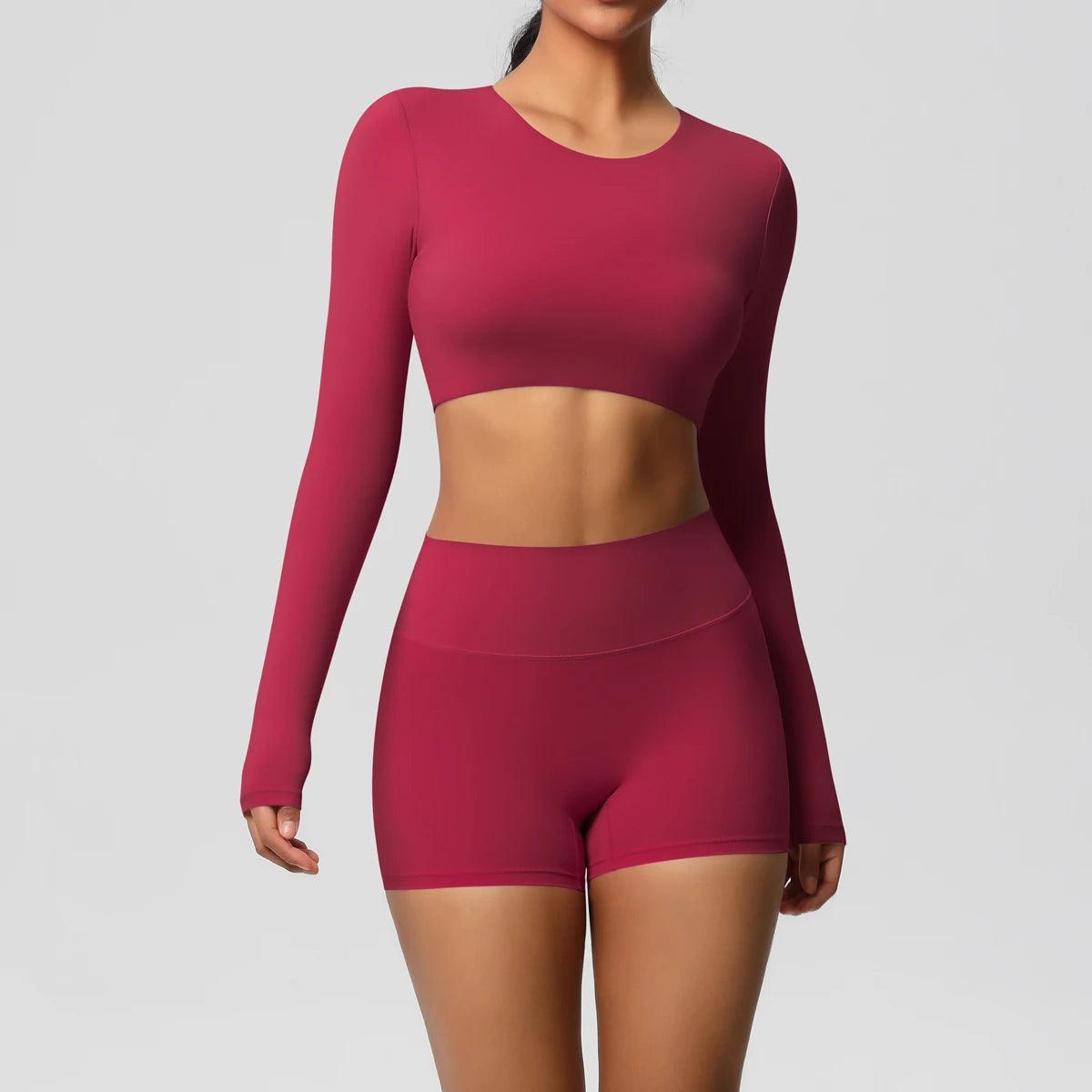 Conjunto Fitness Feminino Top Cropped Manga Longa e Shorts Cintura Alta Nuudi Store