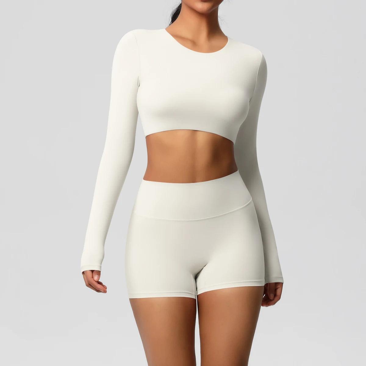 Conjunto Fitness Feminino Top Cropped Manga Longa e Shorts Cintura Alta Nuudi Store