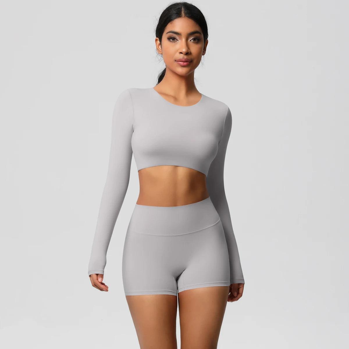 Conjunto Fitness Feminino Top Cropped Manga Longa e Shorts Cintura Alta Nuudi Store