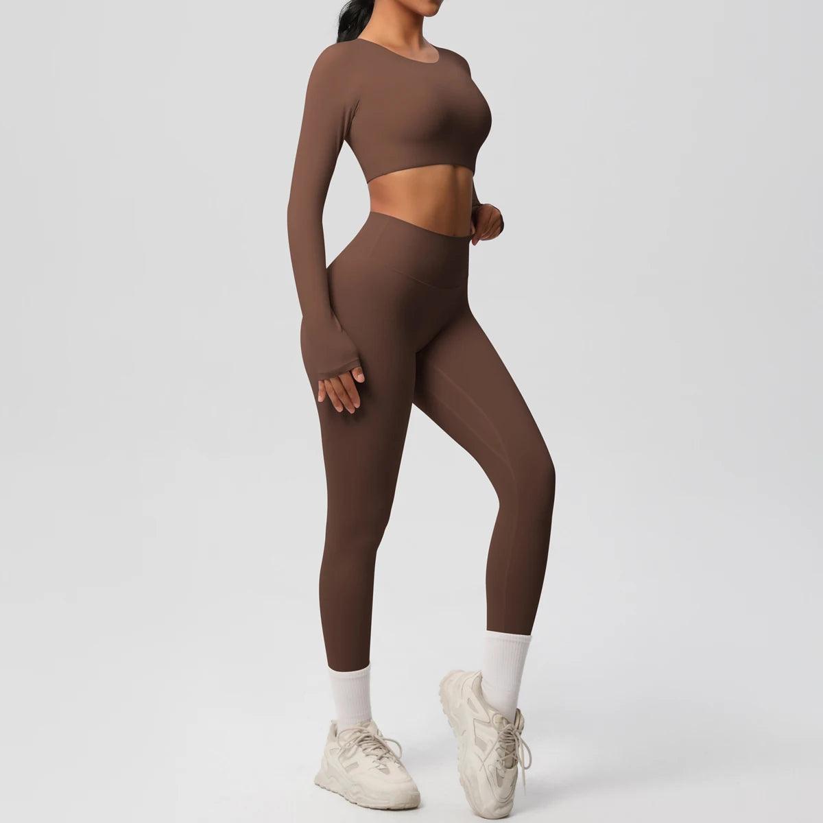 Conjunto Fitness Feminino Top Cropped Manga Longa e Calça Legging Cintura Alta Nuudi Store