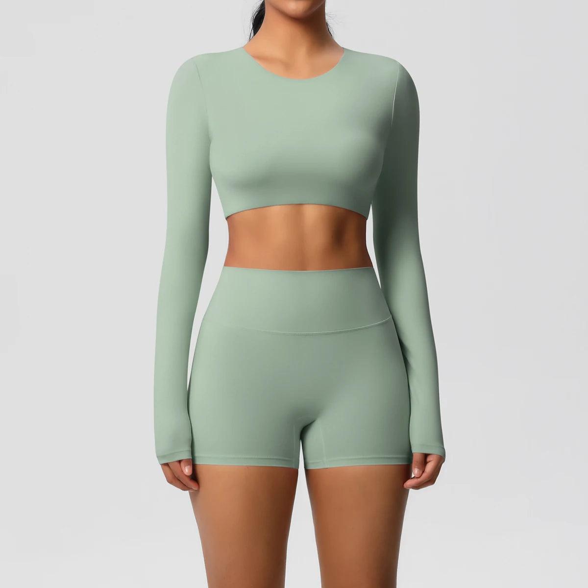 Conjunto Fitness Feminino Top Cropped Manga Longa e Shorts Cintura Alta Nuudi Store
