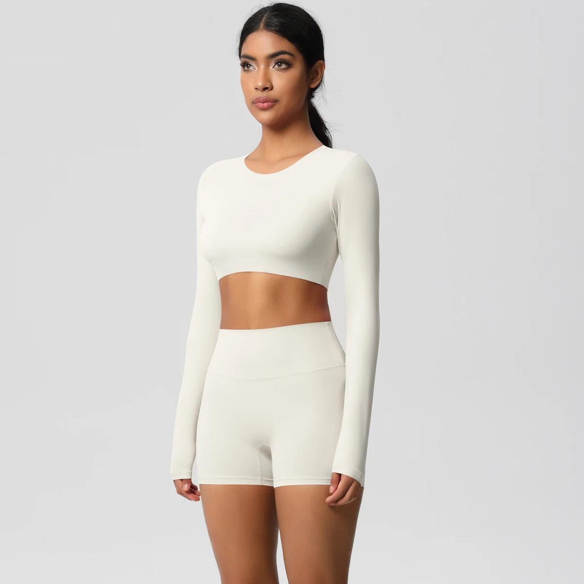 Conjunto Fitness Feminino Top Cropped Manga Longa e Shorts Cintura Alta Nuudi Store