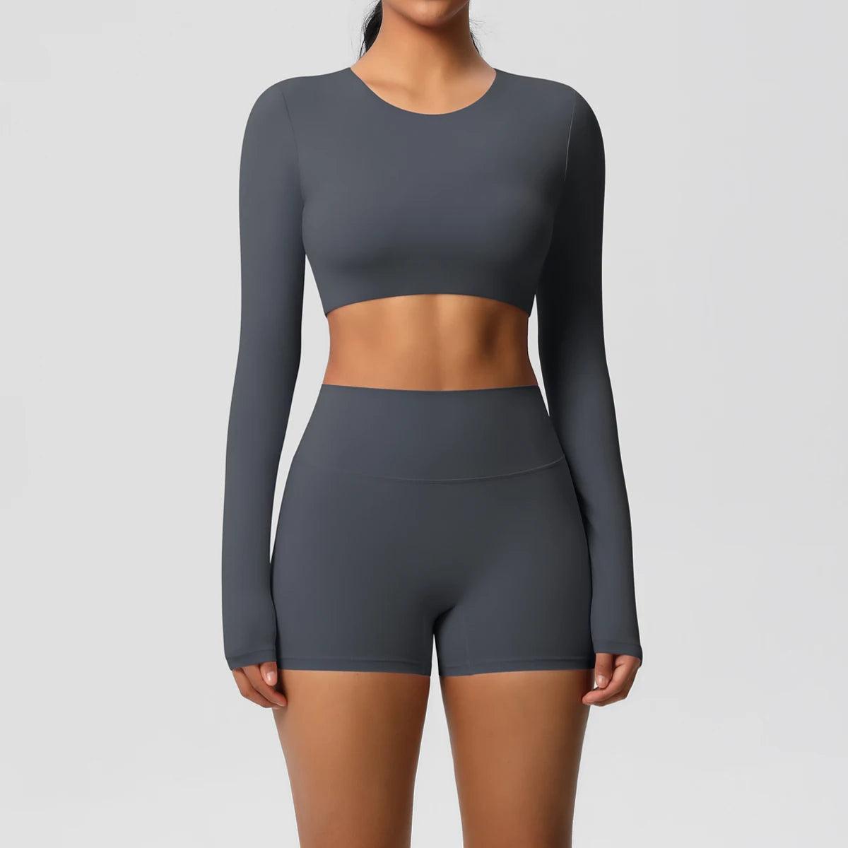 Conjunto Fitness Feminino Top Cropped Manga Longa e Shorts Cintura Alta Nuudi Store