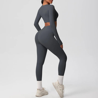Conjunto Fitness Feminino Top Cropped Manga Longa e Calça Legging Cintura Alta Nuudi Store
