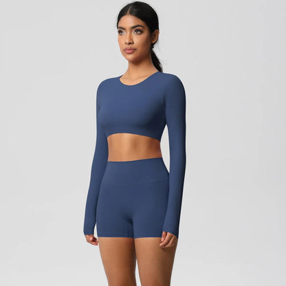 Conjunto Fitness Feminino Top Cropped Manga Longa e Shorts Cintura Alta Nuudi Store