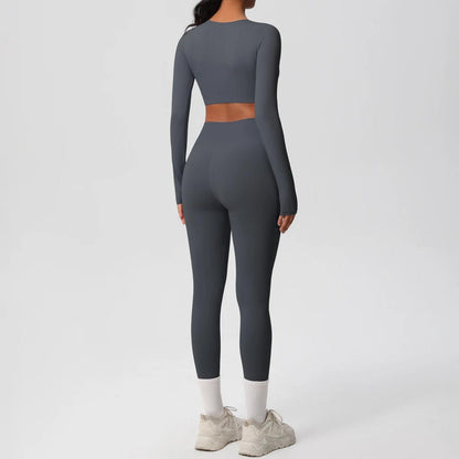 Conjunto Fitness Feminino Top Cropped Manga Longa e Calça Legging Cintura Alta Nuudi Store