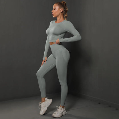 Conjunto Fitness Feminino Camiseta Manga Longa e Calça Legging Sem Costura Nuudi Store