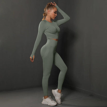 Conjunto Fitness Feminino Camiseta Manga Longa e Calça Legging Sem Costura Nuudi Store