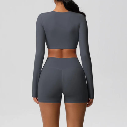 Conjunto Fitness Feminino Top Cropped Manga Longa e Shorts Cintura Alta Nuudi Store