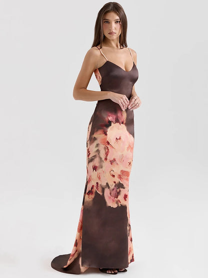Vestido Maxi Floral em Cetim Nuudi Store – Estampa Floral, Decote em V, Alças Finas e Costas Abertas