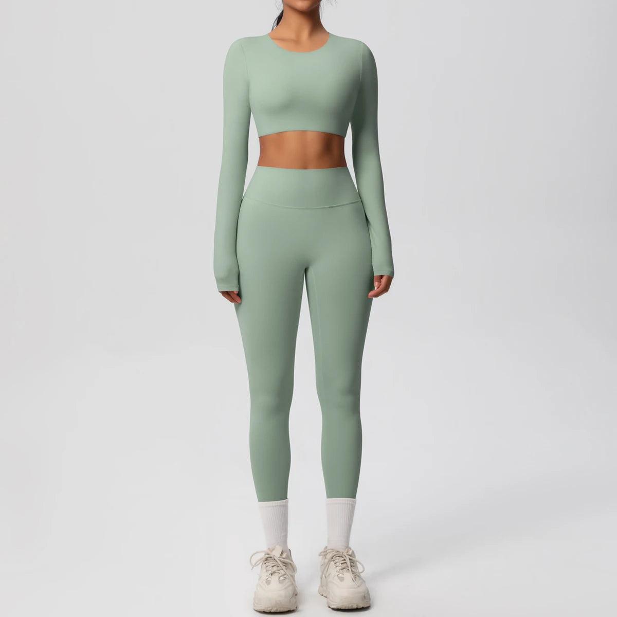 Conjunto Fitness Feminino Top Cropped Manga Longa e Calça Legging Cintura Alta Nuudi Store