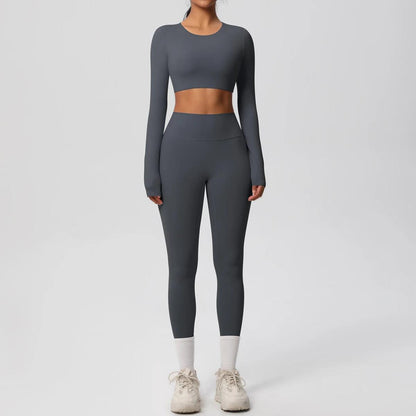 Conjunto Fitness Feminino Top Cropped Manga Longa e Calça Legging Cintura Alta Nuudi Store