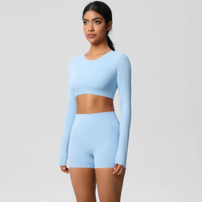 Conjunto Fitness Feminino Top Cropped Manga Longa e Shorts Cintura Alta Nuudi Store