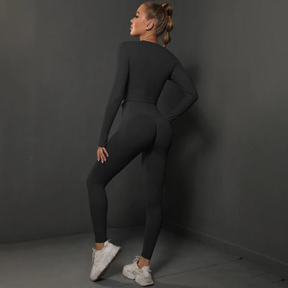 Conjunto Fitness Feminino Camiseta Manga Longa e Calça Legging Sem Costura Nuudi Store
