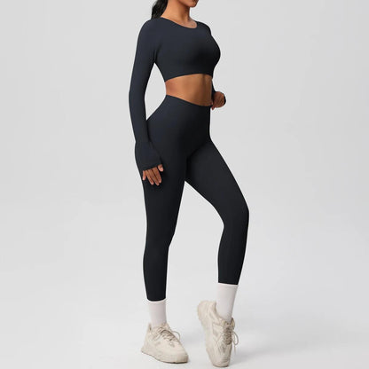 Conjunto Fitness Feminino Top Cropped Manga Longa e Calça Legging Cintura Alta Nuudi Store