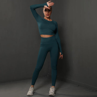 Conjunto Fitness Feminino Camiseta Manga Longa e Calça Legging Sem Costura Nuudi Store