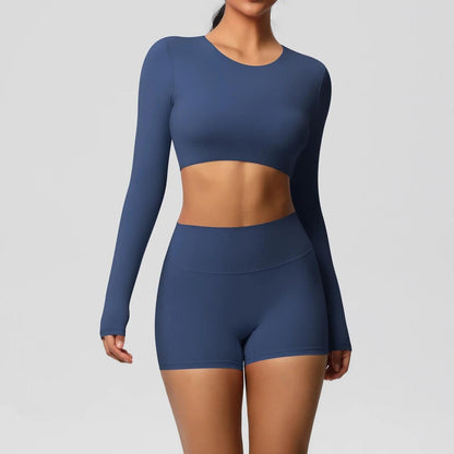 Conjunto Fitness Feminino Top Cropped Manga Longa e Shorts Cintura Alta Nuudi Store