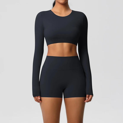Conjunto Fitness Feminino Top Cropped Manga Longa e Shorts Cintura Alta Nuudi Store