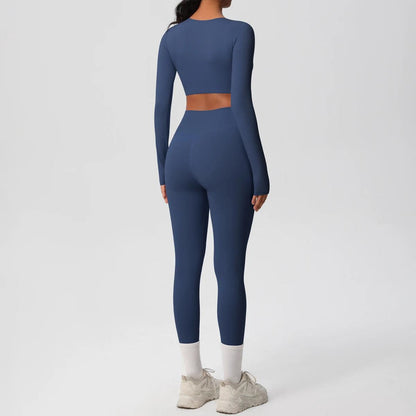 Conjunto Fitness Feminino Top Cropped Manga Longa e Calça Legging Cintura Alta Nuudi Store