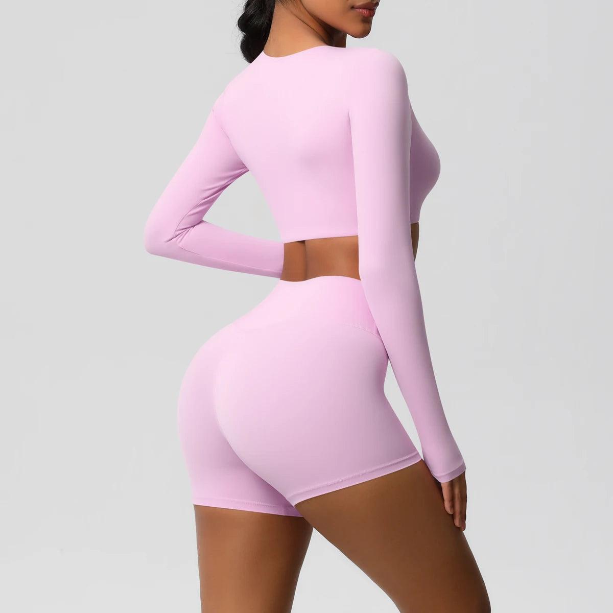 Conjunto Fitness Feminino Top Cropped Manga Longa e Shorts Cintura Alta Nuudi Store