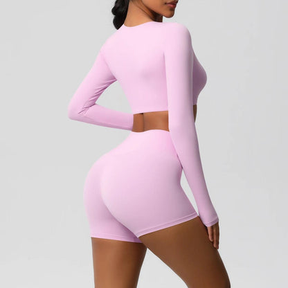 Conjunto Fitness Feminino Top Cropped Manga Longa e Shorts Cintura Alta Nuudi Store