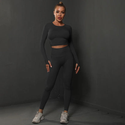 Conjunto Fitness Feminino Camiseta Manga Longa e Calça Legging Sem Costura Nuudi Store