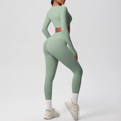 Conjunto Fitness Feminino Top Cropped Manga Longa e Calça Legging Cintura Alta Nuudi Store