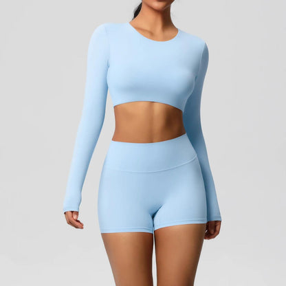 Conjunto Fitness Feminino Top Cropped Manga Longa e Shorts Cintura Alta Nuudi Store
