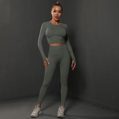 Conjunto Fitness Feminino Camiseta Manga Longa e Calça Legging Sem Costura Nuudi Store