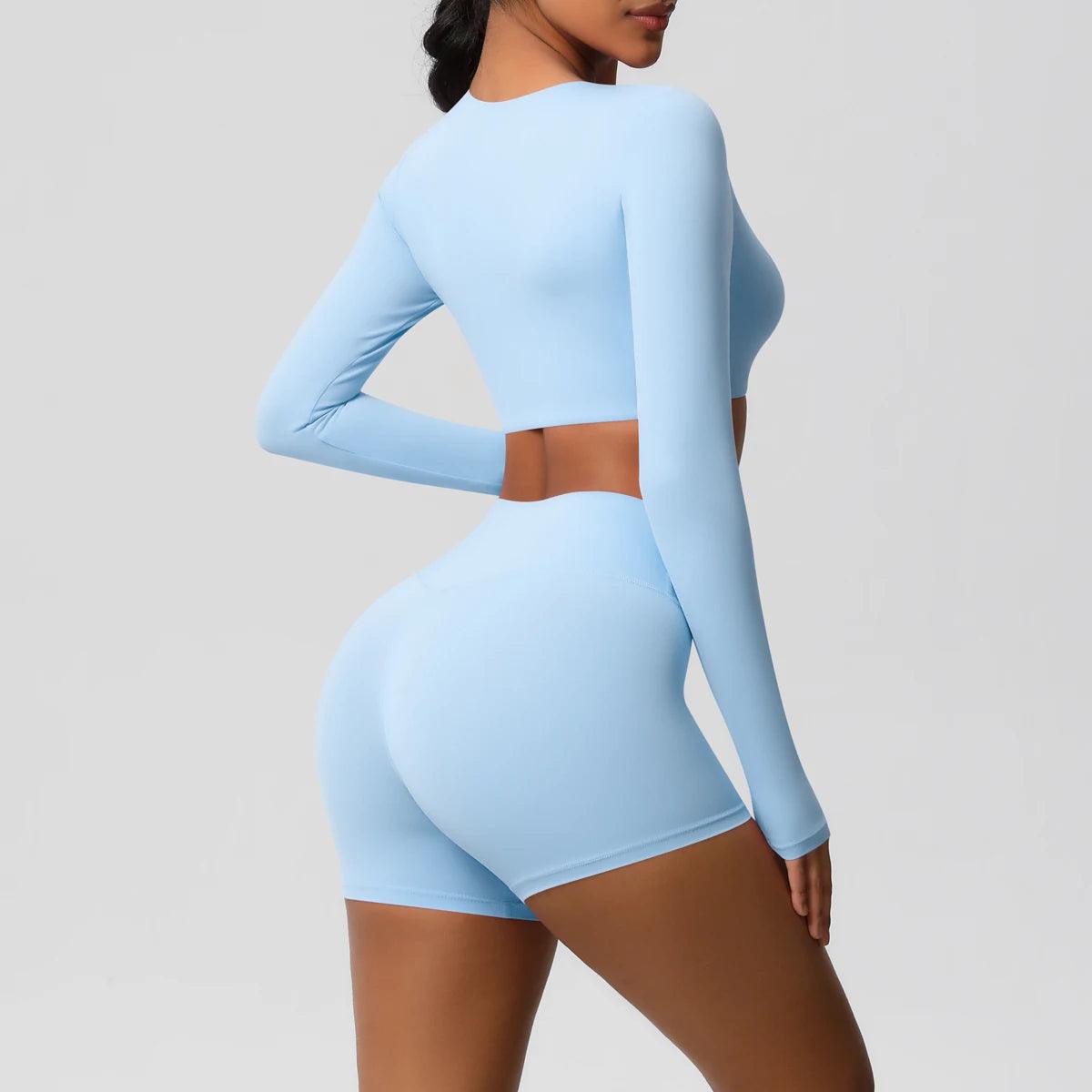 Conjunto Fitness Feminino Top Cropped Manga Longa e Shorts Cintura Alta Nuudi Store