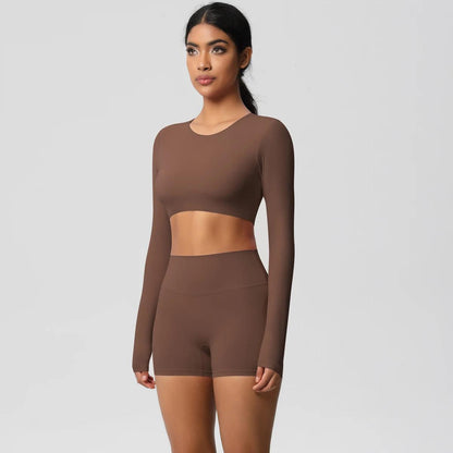 Conjunto Fitness Feminino Top Cropped Manga Longa e Shorts Cintura Alta Nuudi Store