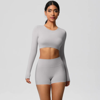 Conjunto Fitness Feminino Top Cropped Manga Longa e Shorts Cintura Alta Nuudi Store