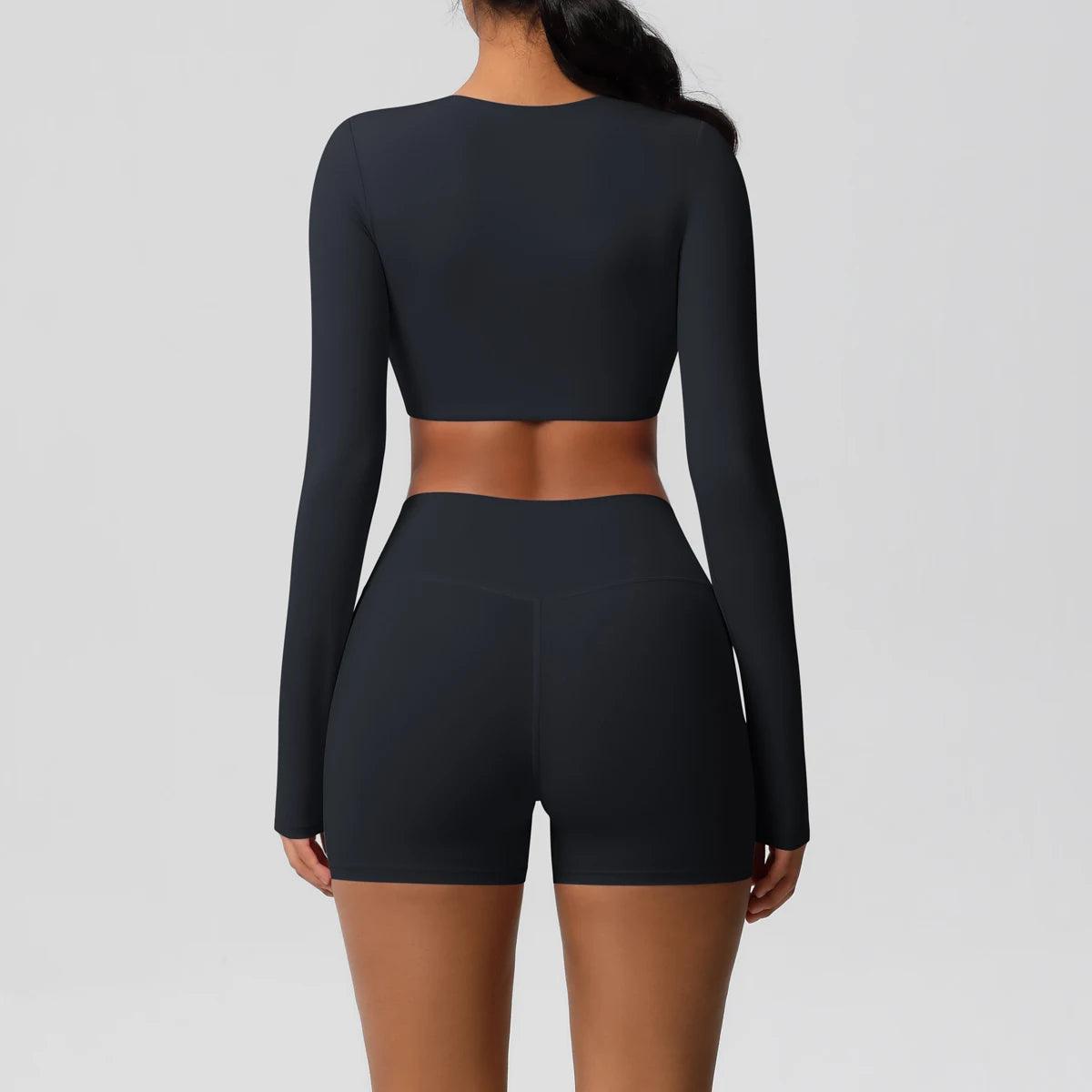 Conjunto Fitness Feminino Top Cropped Manga Longa e Shorts Cintura Alta Nuudi Store