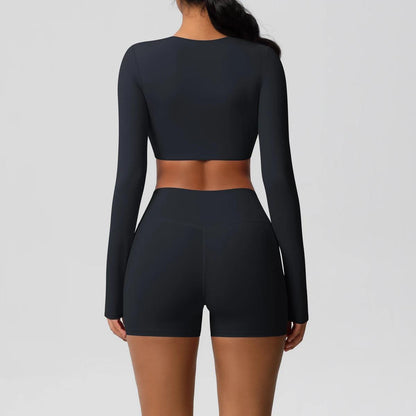Conjunto Fitness Feminino Top Cropped Manga Longa e Shorts Cintura Alta Nuudi Store