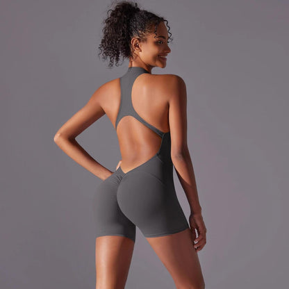 Macaquinho Fitness Feminino Zíper Frontal, Manga Curta e Costas Abertas Nuudi Store Nuudi Store